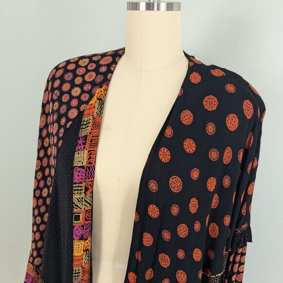 Vintage Kimono Top M Black Pink Cardigan Patchwork Color Artsy Eclectic 90s - Picture 9 of 14